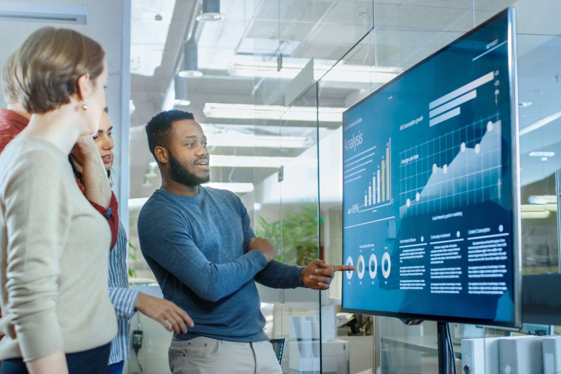 Leadership team analysing business metrics on screen